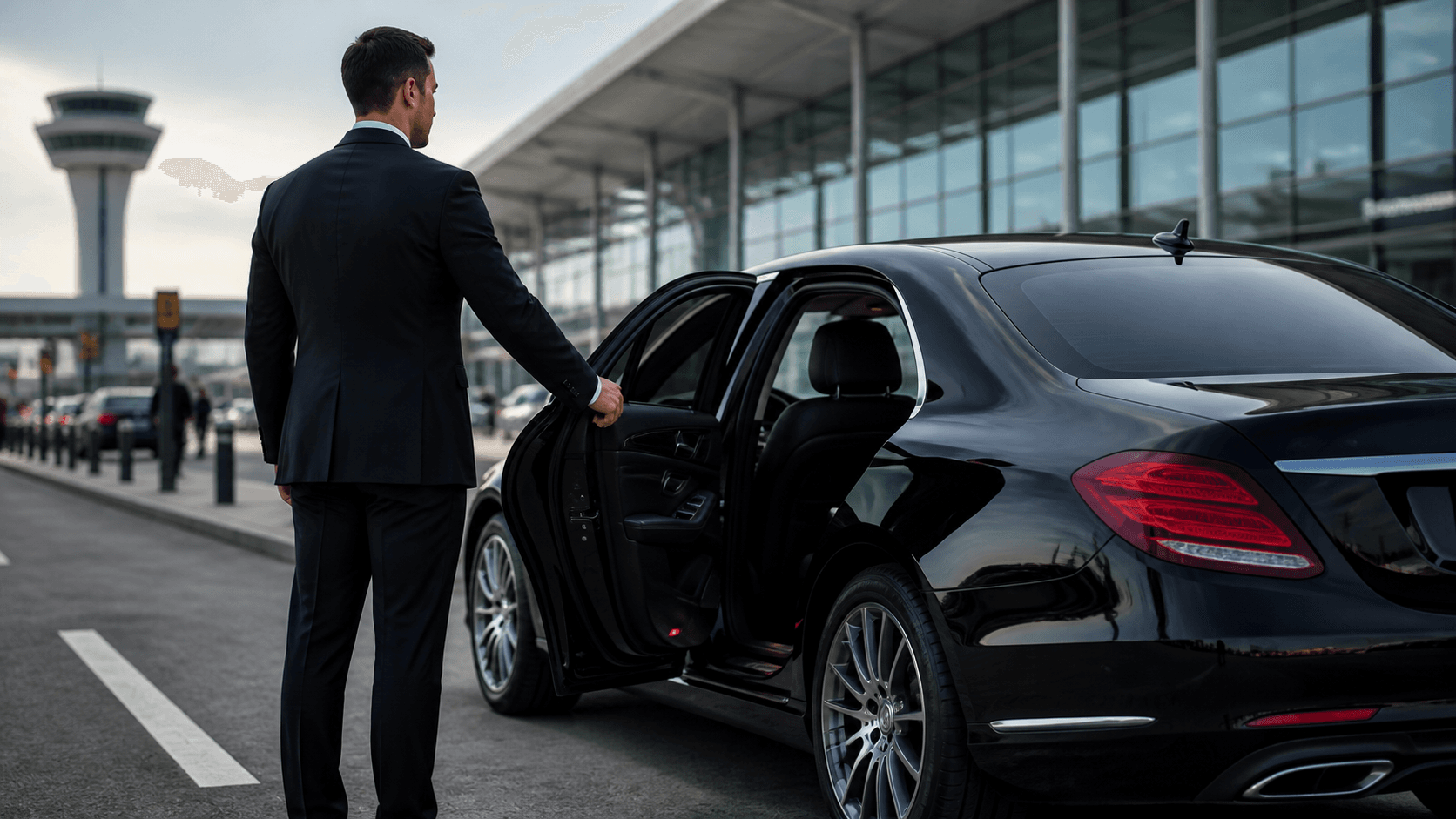 Professional chauffeur opening the door of an executive transfer car