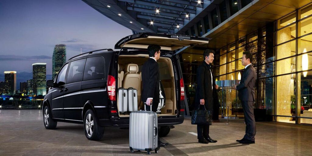 A Mercedes Benz Viano with luggage in the rear, representing the services offered by British Transfers.