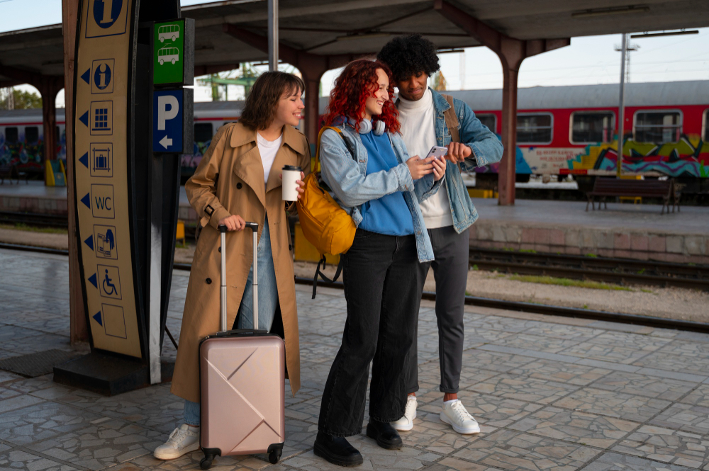 Three travelers with luggage stand at a train station, waiting for their ride, as part of British Transfers' services.