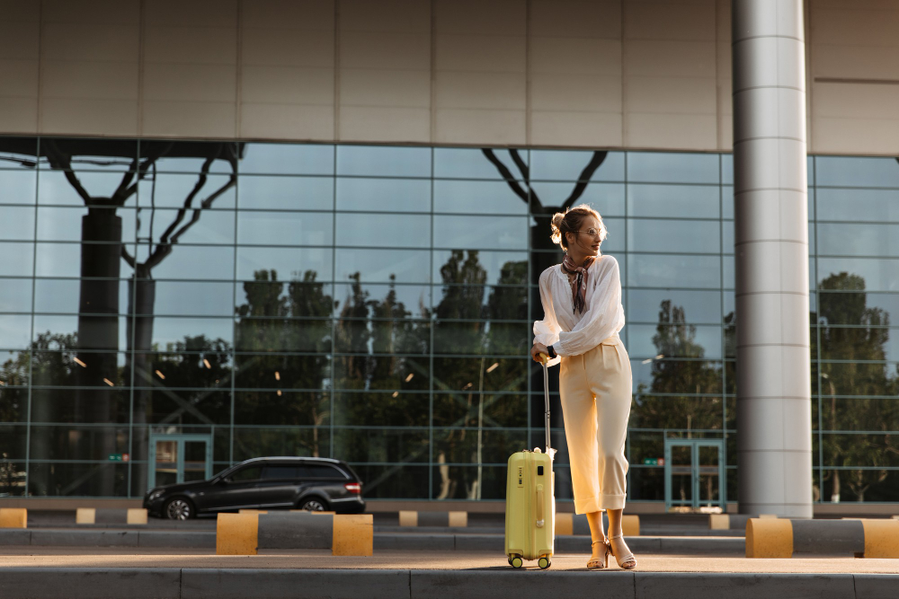 A woman with a yellow suitcase stands in front of a building, representing British Transfers' travel services.